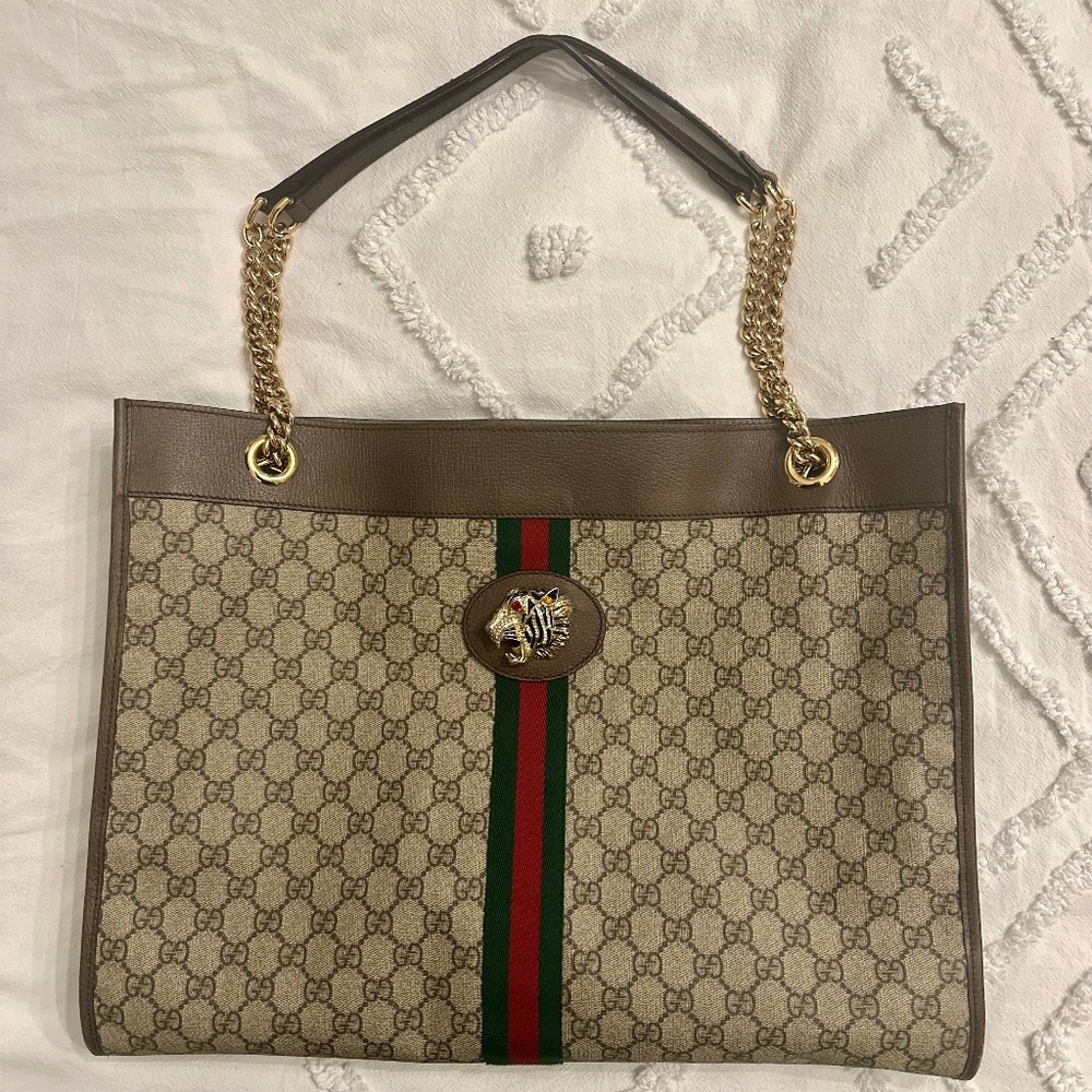 Gucci Rajah Tiger Large Tote Lion Beige Logo GG Bag Italy Brown Handbag